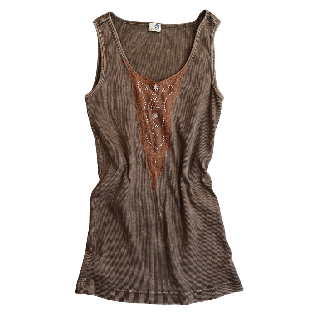 Vintage Y2K Tank Top Womens L Brown Lace Beaded Ribbed Acid Wash Fairy Grunge